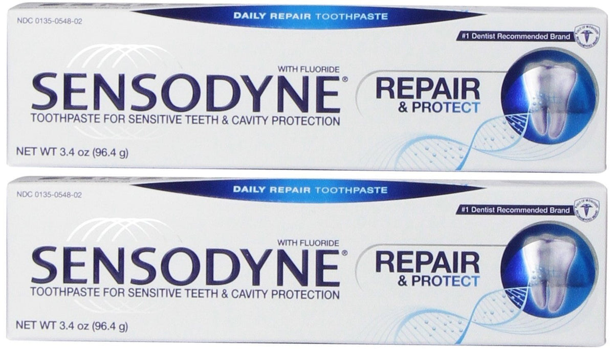 Sensodyne Repair & Protect frente, protección diaria con fluoruro.