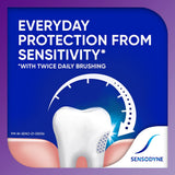 Sensodyne pasta dental, textura cremosa, primer plano para cepillado suave