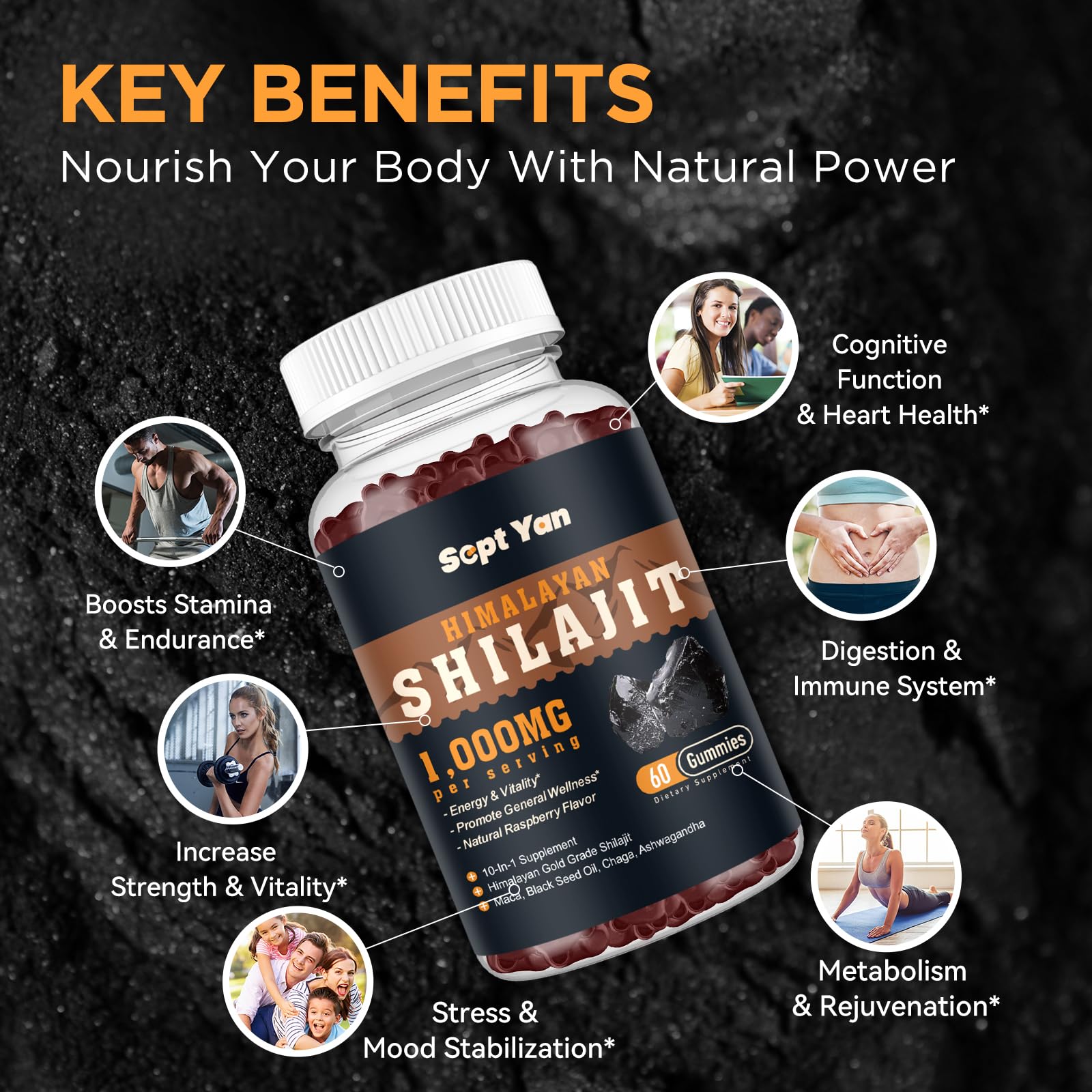 Ingredientes clave SEPT YAN Shilajit, mezcla de hierbas y minerales.