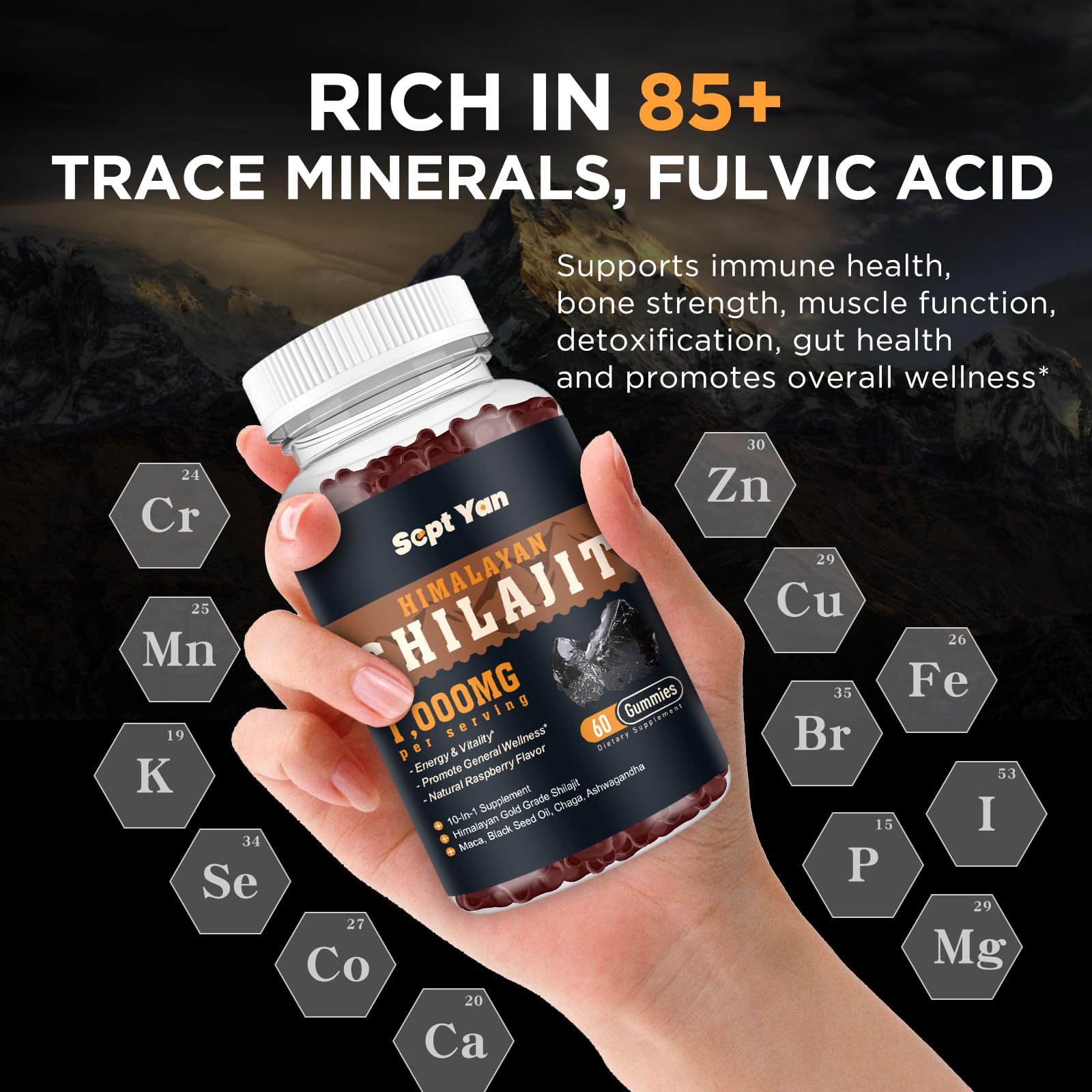 SEPT YAN Shilajit con más de 85 minerales para nutrientes.