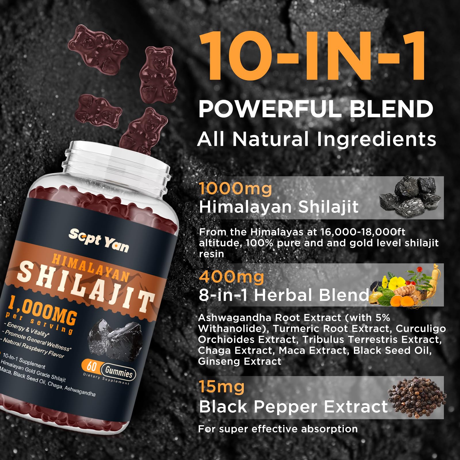 Gomitas Shilajit SEPT YAN, textura suave para consumo diario.