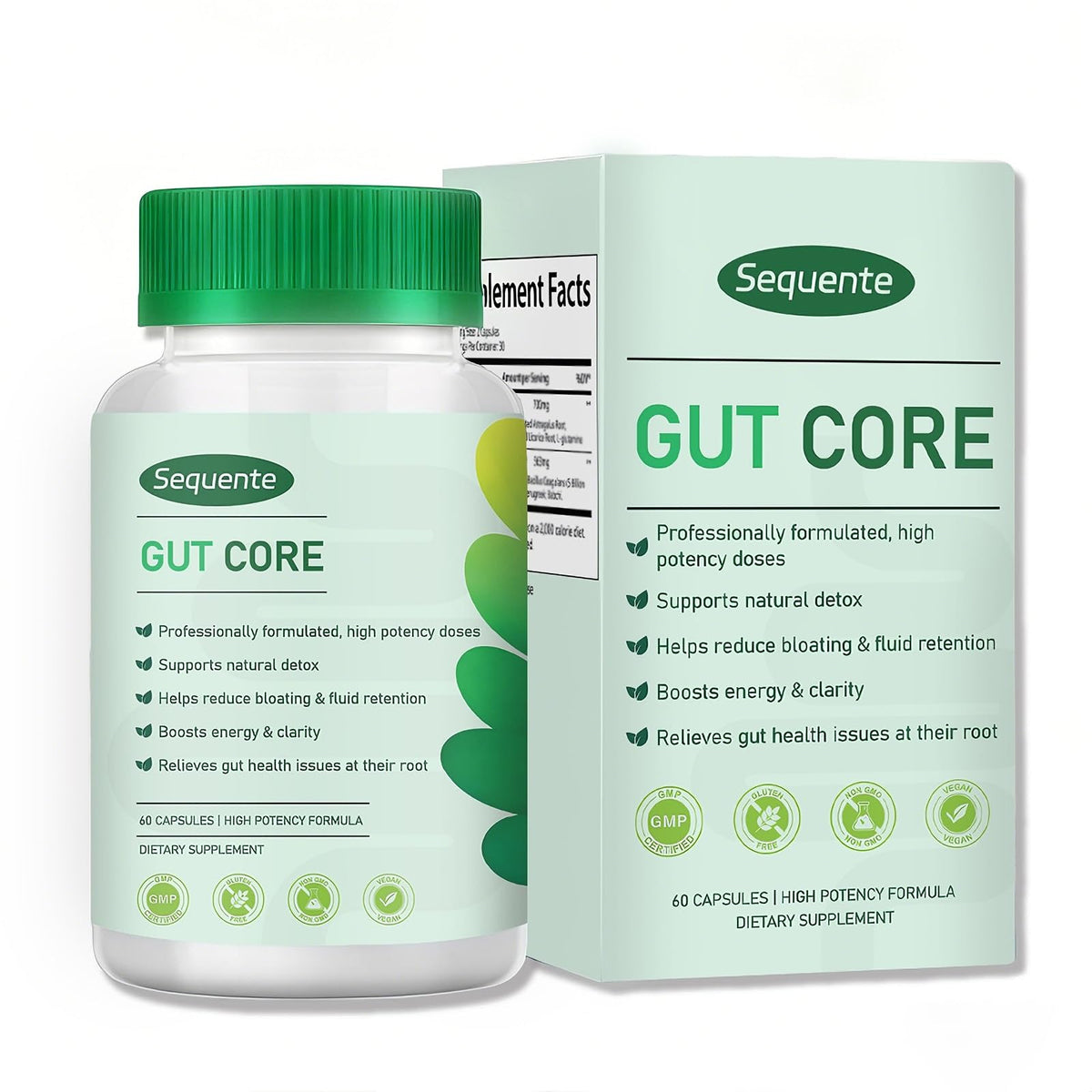 Sequente GutCore: botella de cápsulas para soporte digestivo diario y ligereza.
