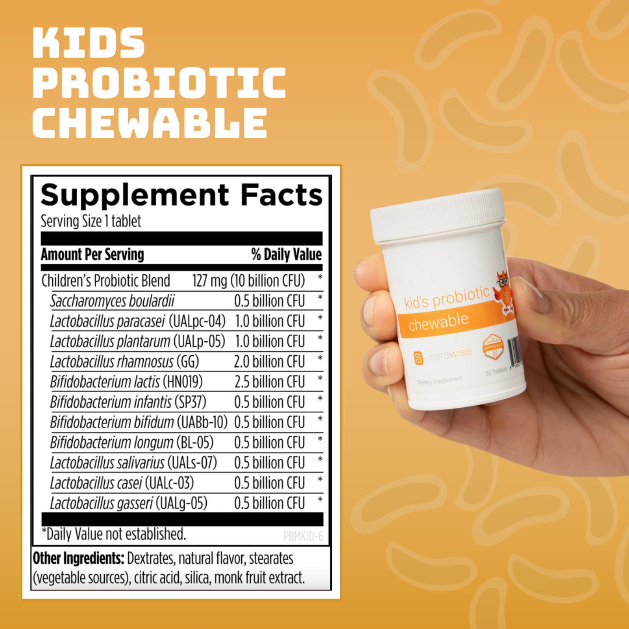 Serawise Probiotico en envase con tabletas masticables para consumo fácil.