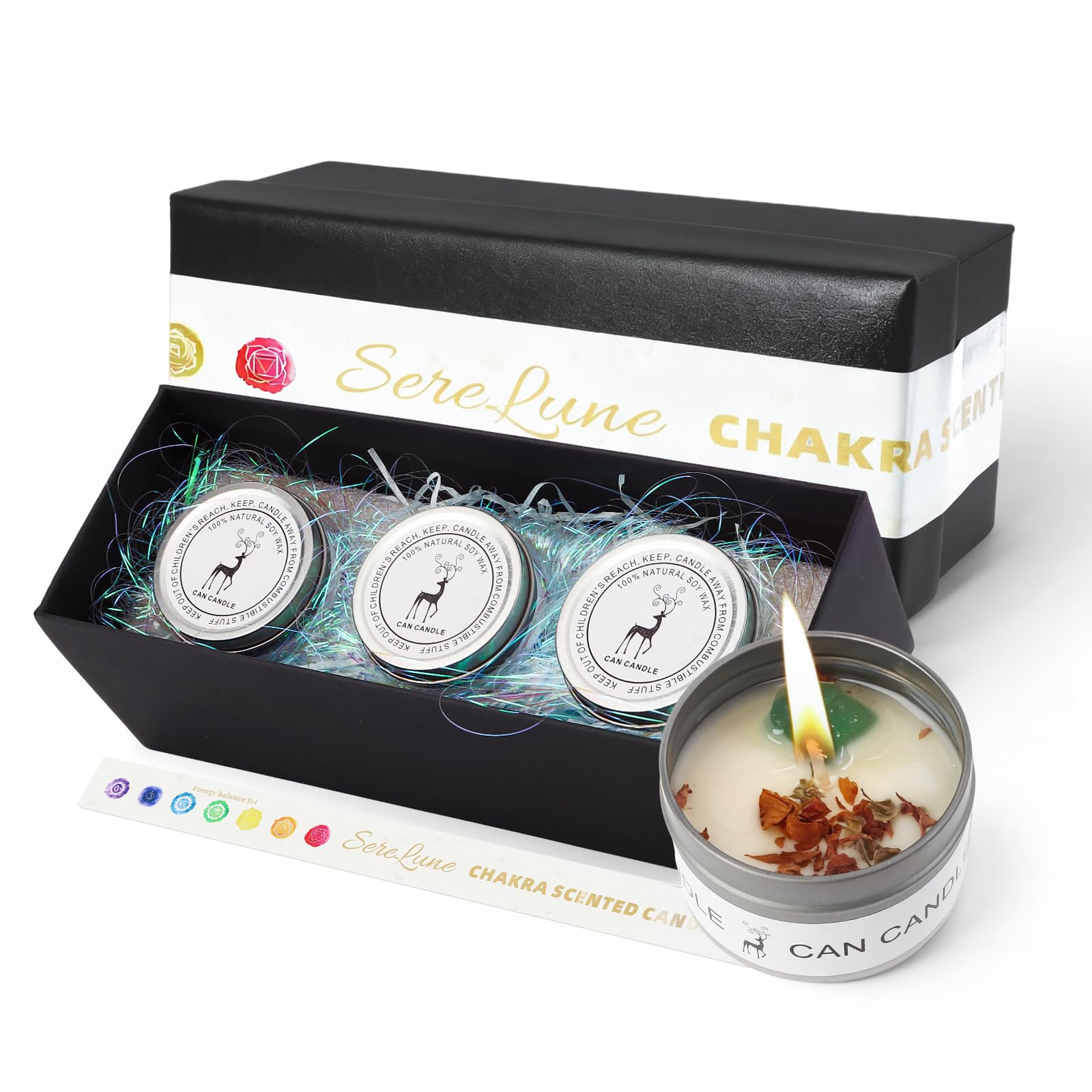 Vela SereLune chakra con cristales para meditaciones y equilibrio.