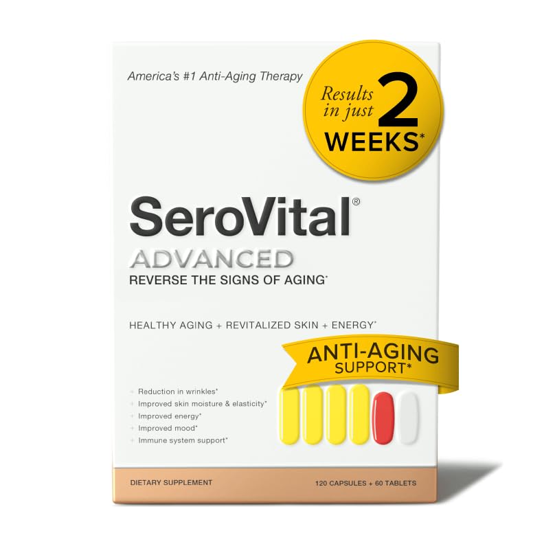 Serovital Advanced para Mujer, caja frontal, muestra renovación de piel y energía.