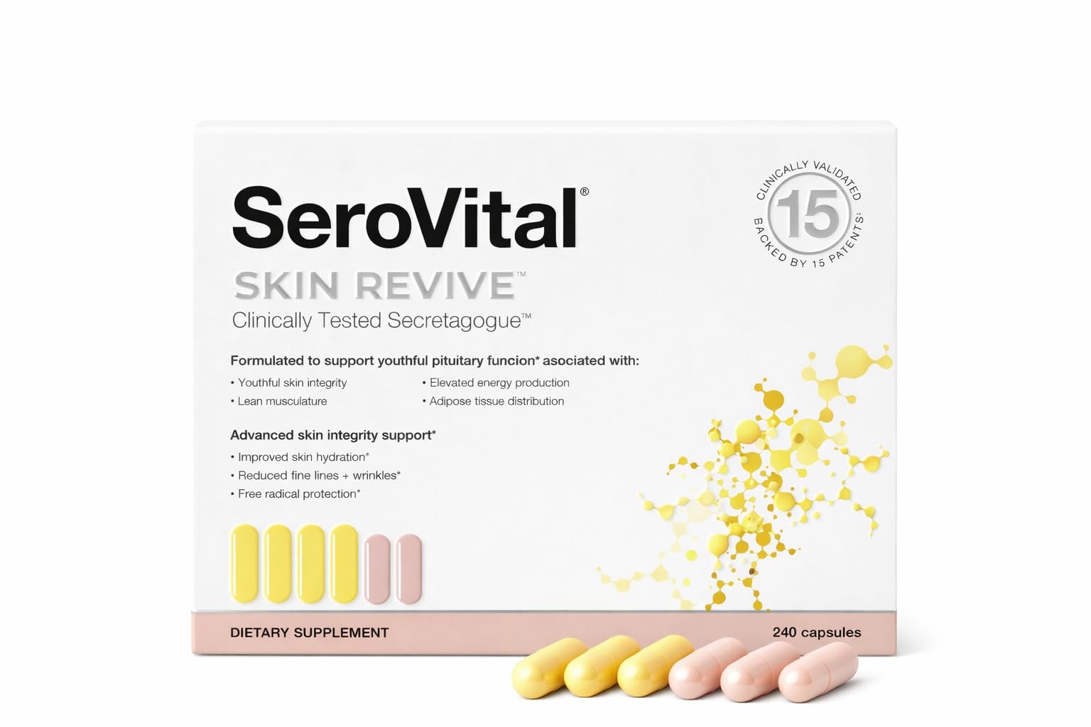 Serovital Skin Revive: botella con fórmula anti-edad para piel hidratada.
