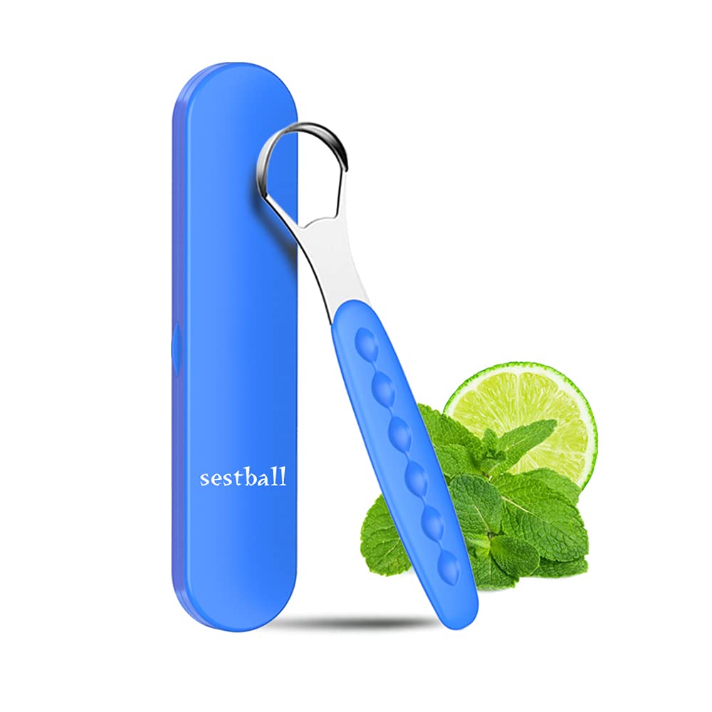 Sestball limpiador de lengua de doble cara con mango azul para aliento fresco
