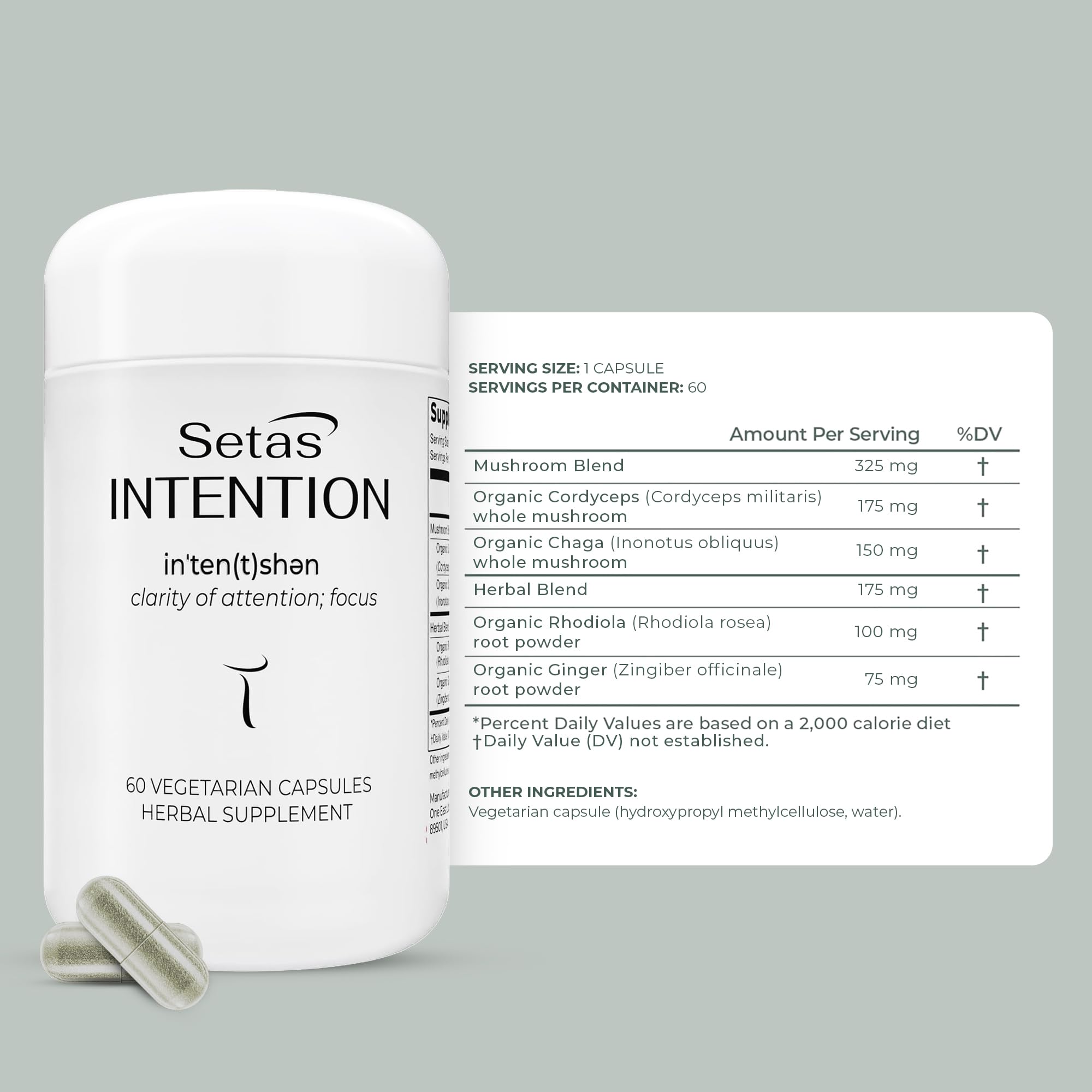 Setas Intention, cápsulas veganas para uso diario, enfoque sostenido.