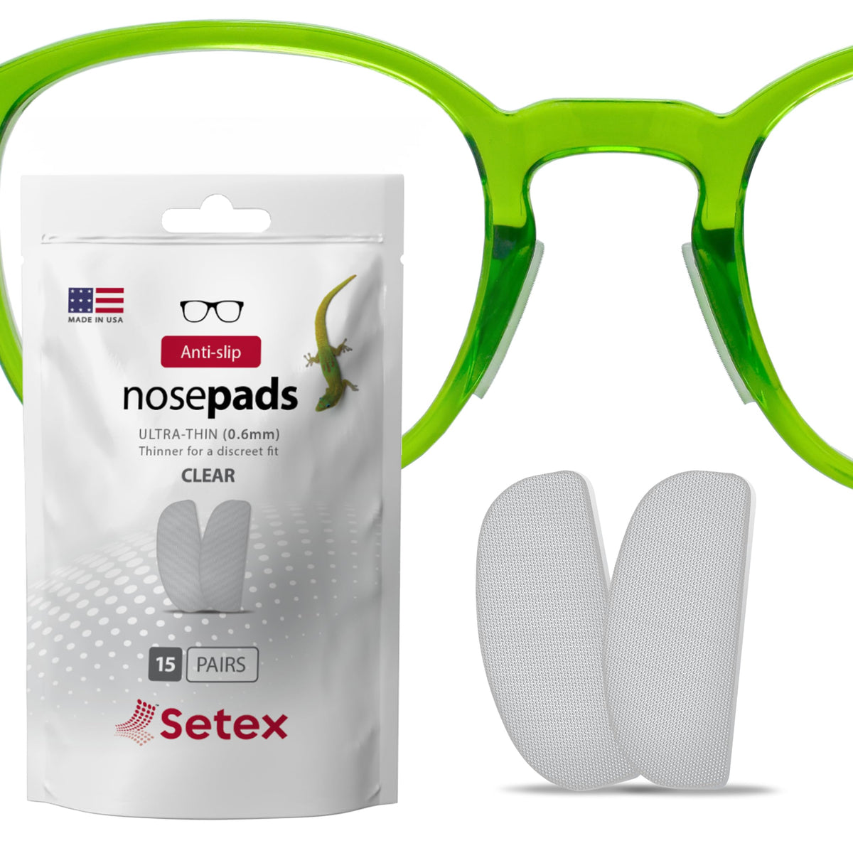Setex Gecko Grip: almohadillas nasales claras para un agarre seguro en gafas.