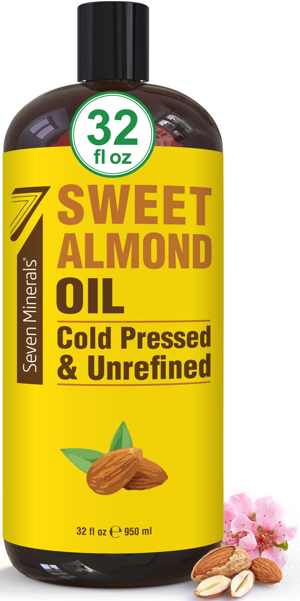 Seven Minerals: aceite de almendra dulce prensado en frío en frasco 32 oz, ideal para uso versátil.
