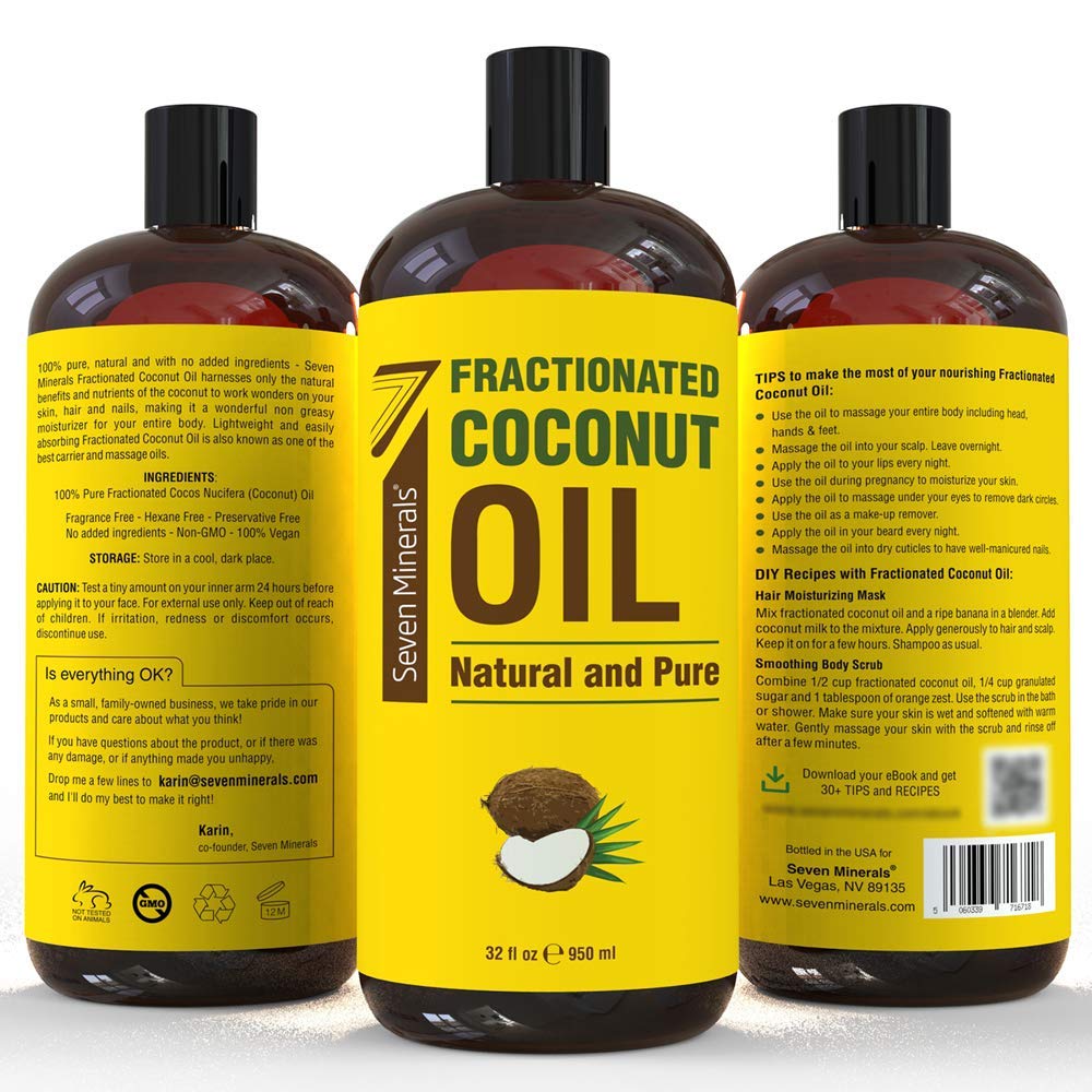 Seven Minerals Aceite de Coco Fraccionado, uso como portador para cabello y cuero cabelludo.