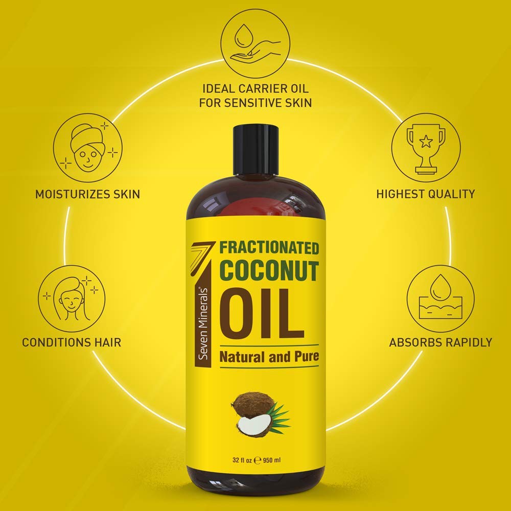 Seven Minerals Aceite de Coco Fraccionado, vertido en la palma para masaje suave.