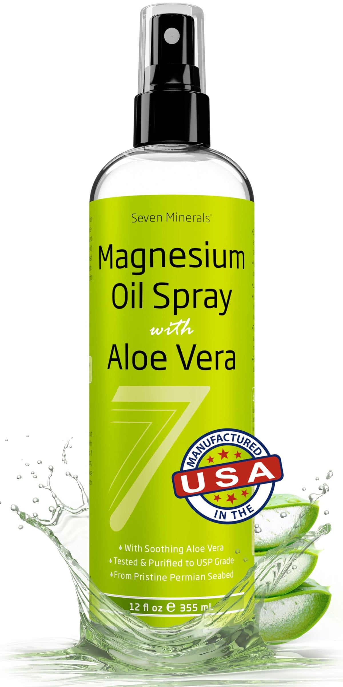 Seven Minerals Aceite de Magnesio con Aloe Vera, bote de 12 oz, alivio suave para piel sensible.