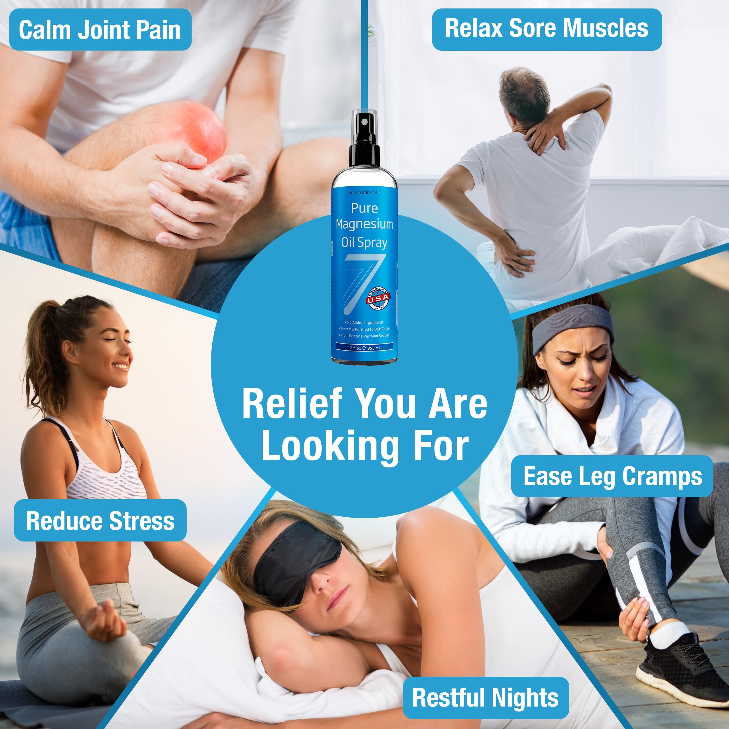 Seven Minerals dolor muscular magnesio spray, uso rápido para alivio ligero.