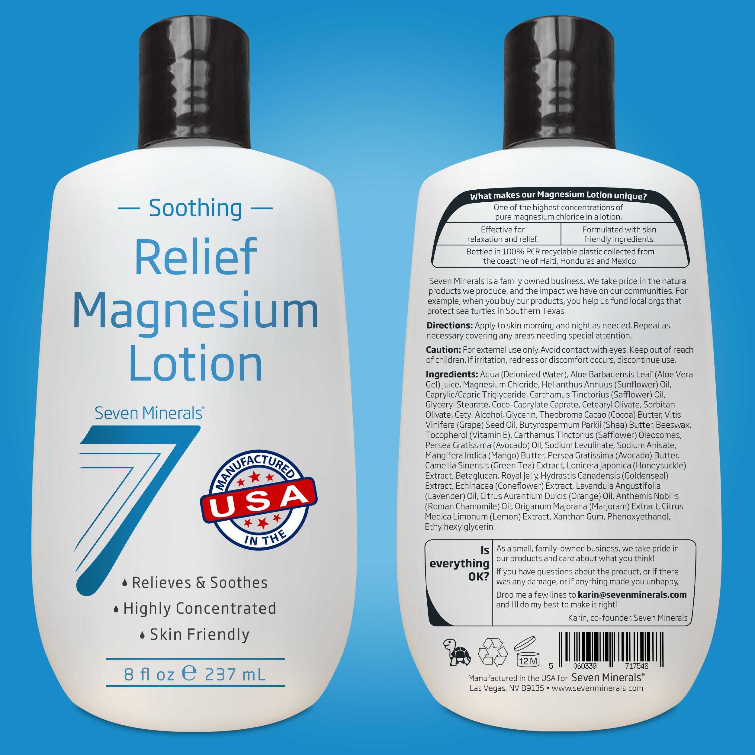 Envase de 8 onzas de Seven Minerals locion magnesium para uso diario.