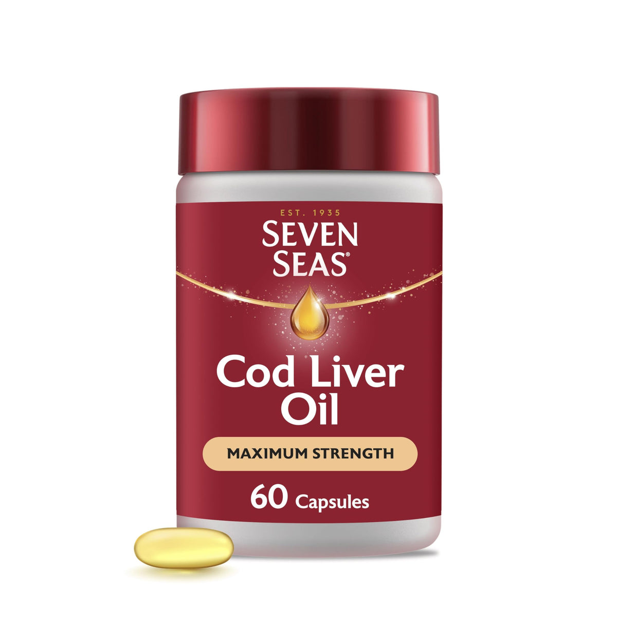 Seven Seas aceite de hígado de bacalao en botella, apoyo Omega-3 para el día a día.
