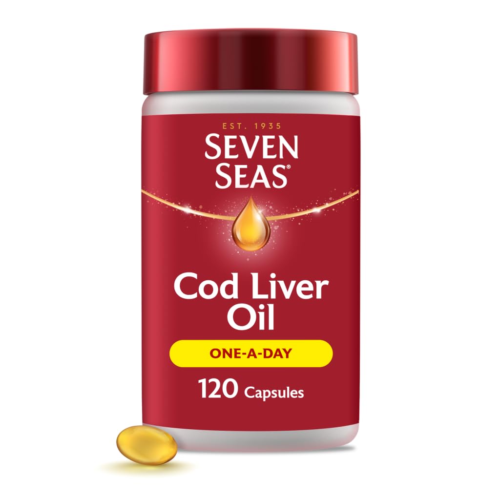 Seven Seas Aceite de Hígado de Bacalao Puro, cápsulas 120, apoyo a visión y cerebro.