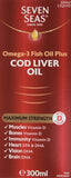 Seven Seas Aceite hígado de bacalao, botella, posible aporte de omega-3 para la dieta.