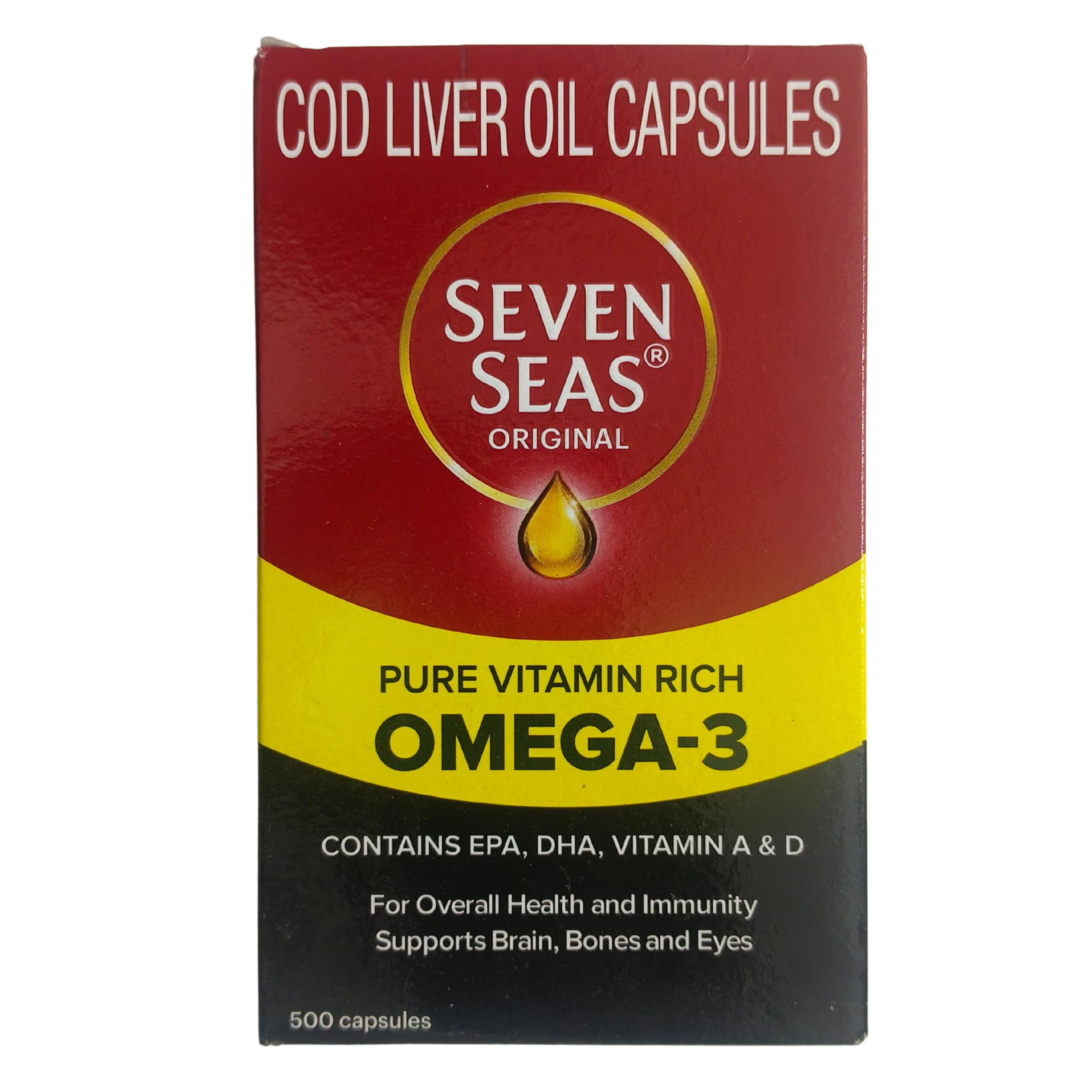 Cápsulas de aceite de hígado Seven Seas en primer plano, fácil de tragar.