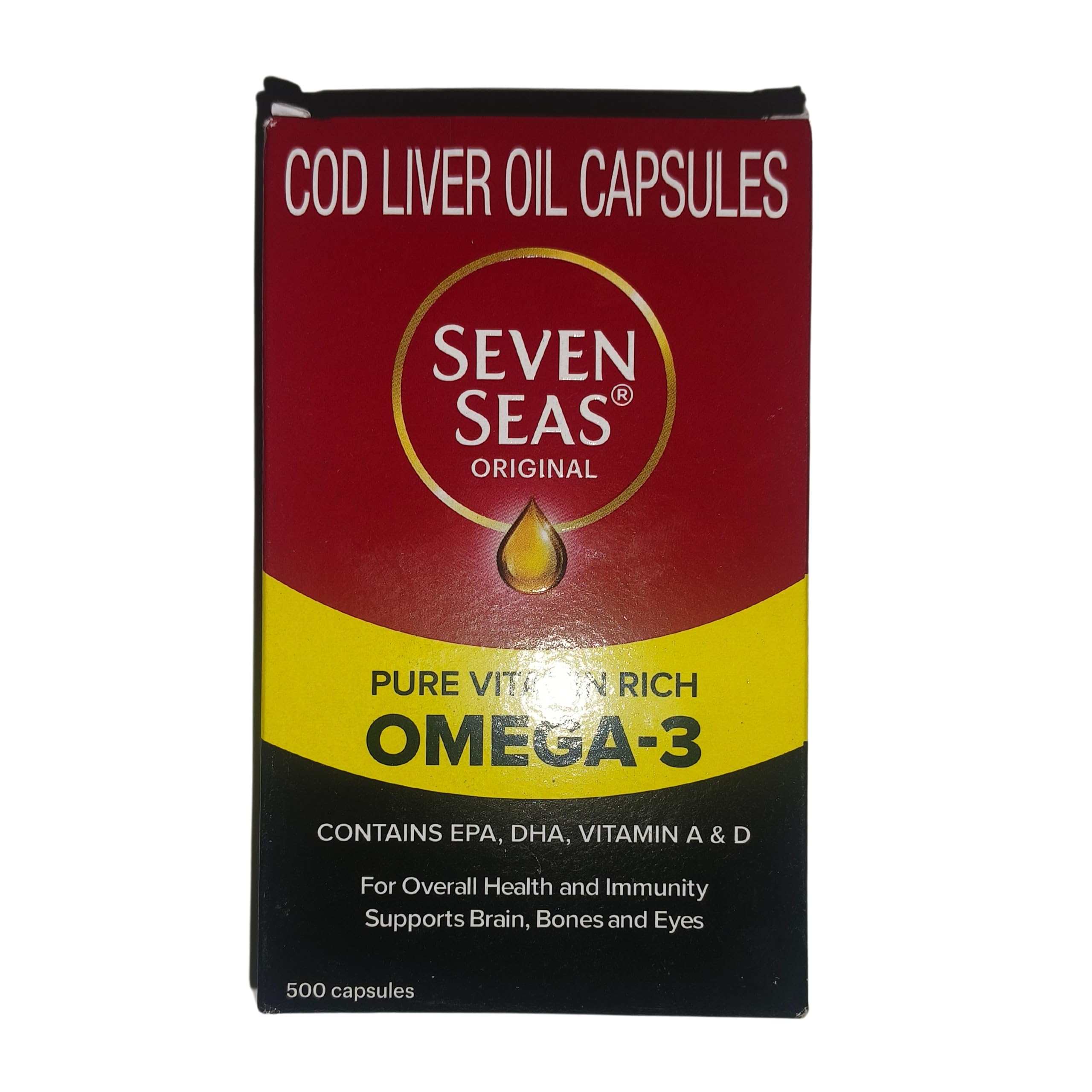 Etiqueta del envase Seven Seas con información nutricional y dosis.