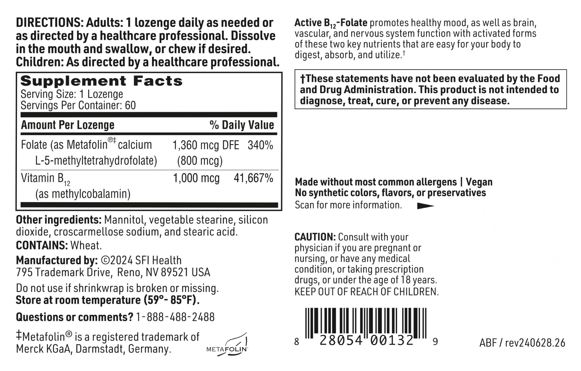 SFI Health Active B12 Folato: formato para apoyar ánimo y concentración durante el día.