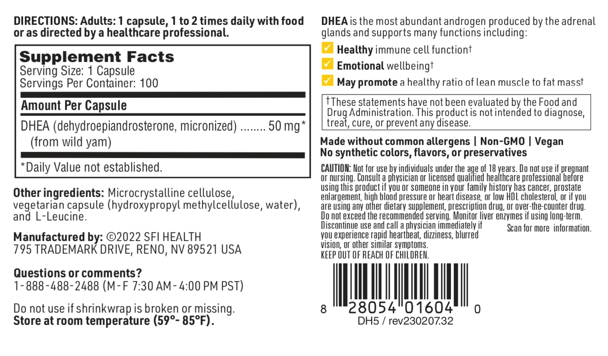 SFI Health DHEA 50 mg - libre de alérgenos comunes para mayor tranquilidad