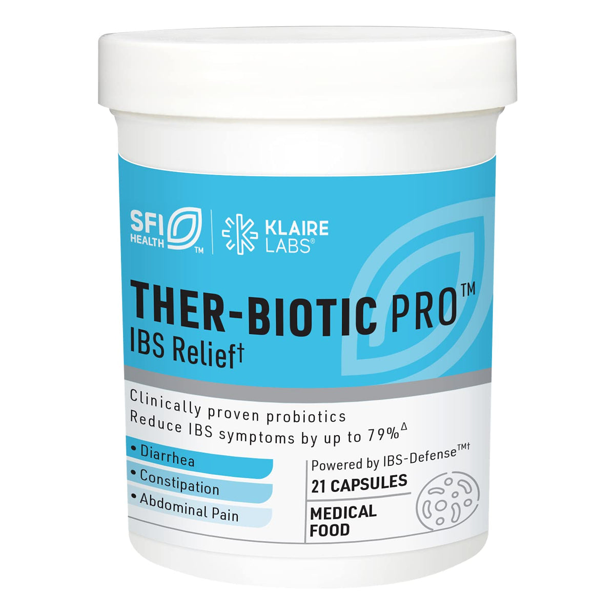 SFI Health Ther-Biotic Pro IBS Relief en botella para uso diario.