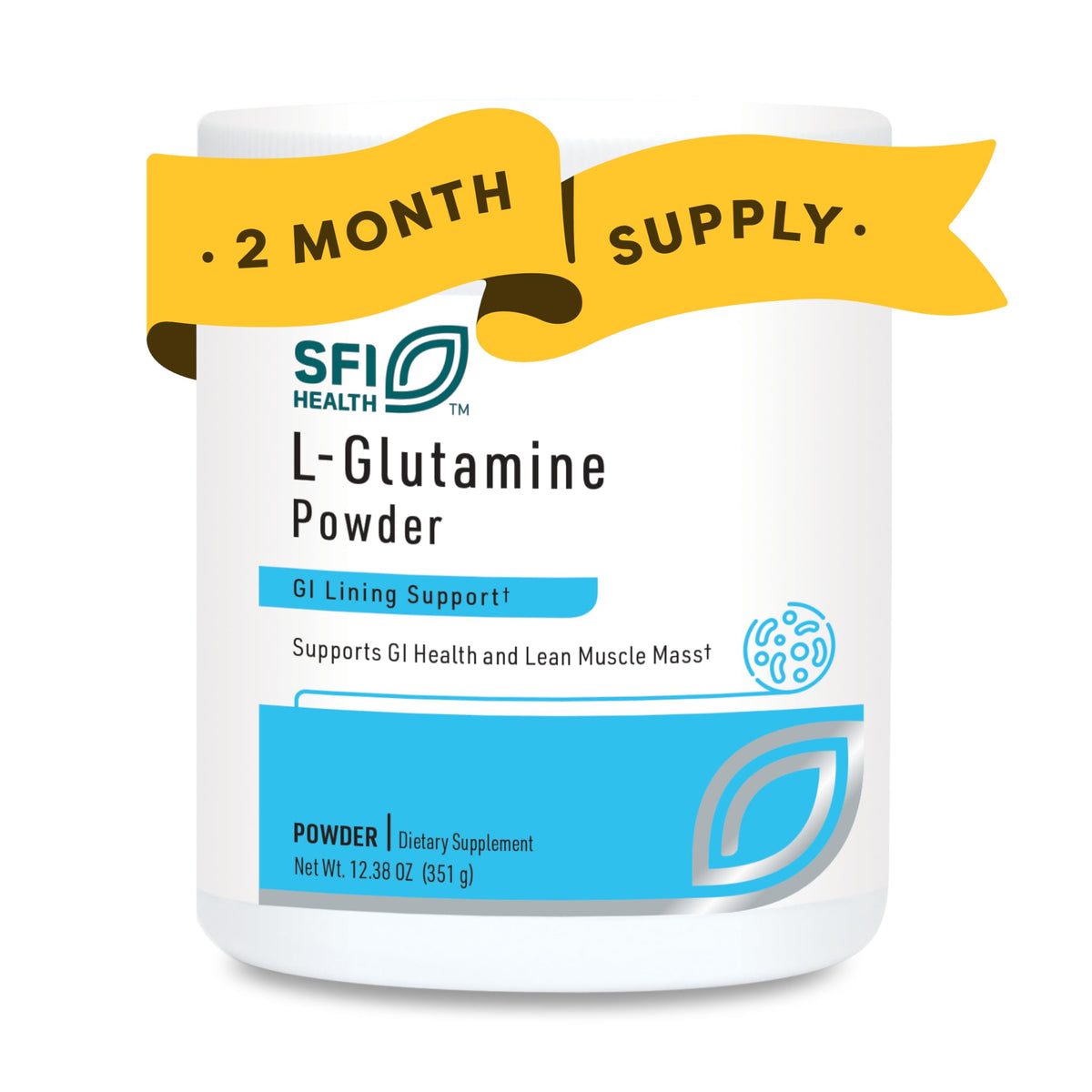 SFI Health Klaire L-Glutamina en botella, posible apoyo a la recuperación muscular.