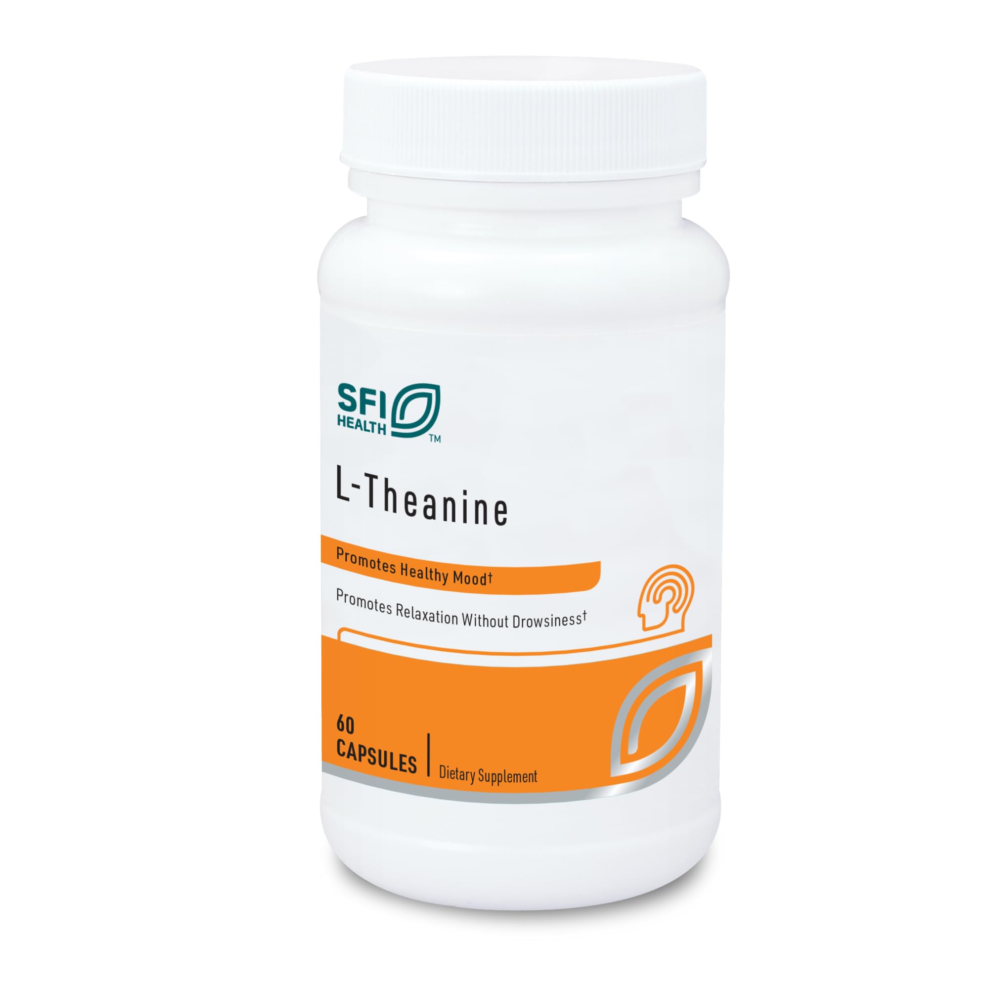 SFI Health Klaire Labs L-Theanine 100 mg, botella frontal, promueve relajación sin somnolencia.