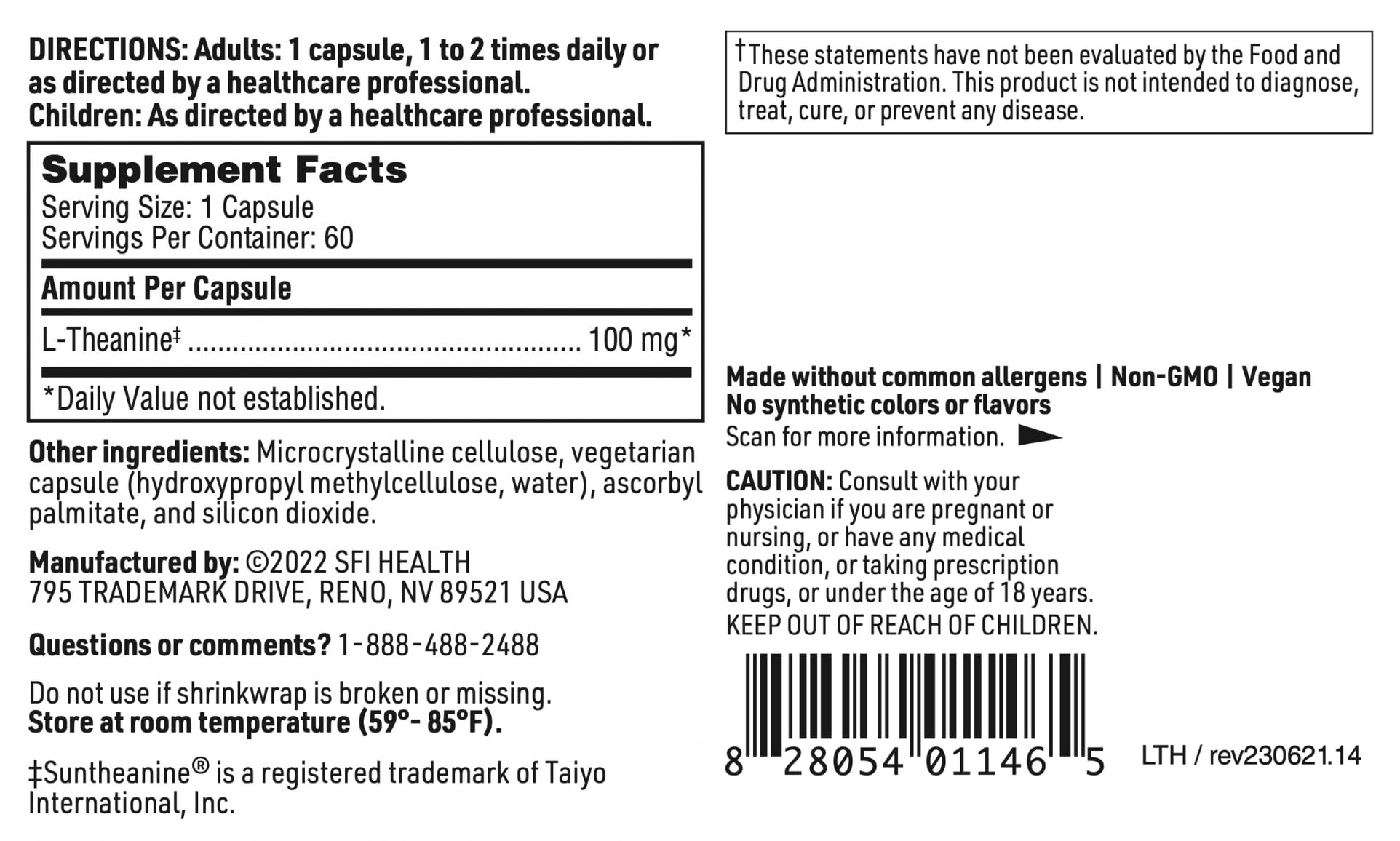SFI Health Klaire Labs L-Theanine 100 mg, caja de presentación, calma para la experiencia diaria.