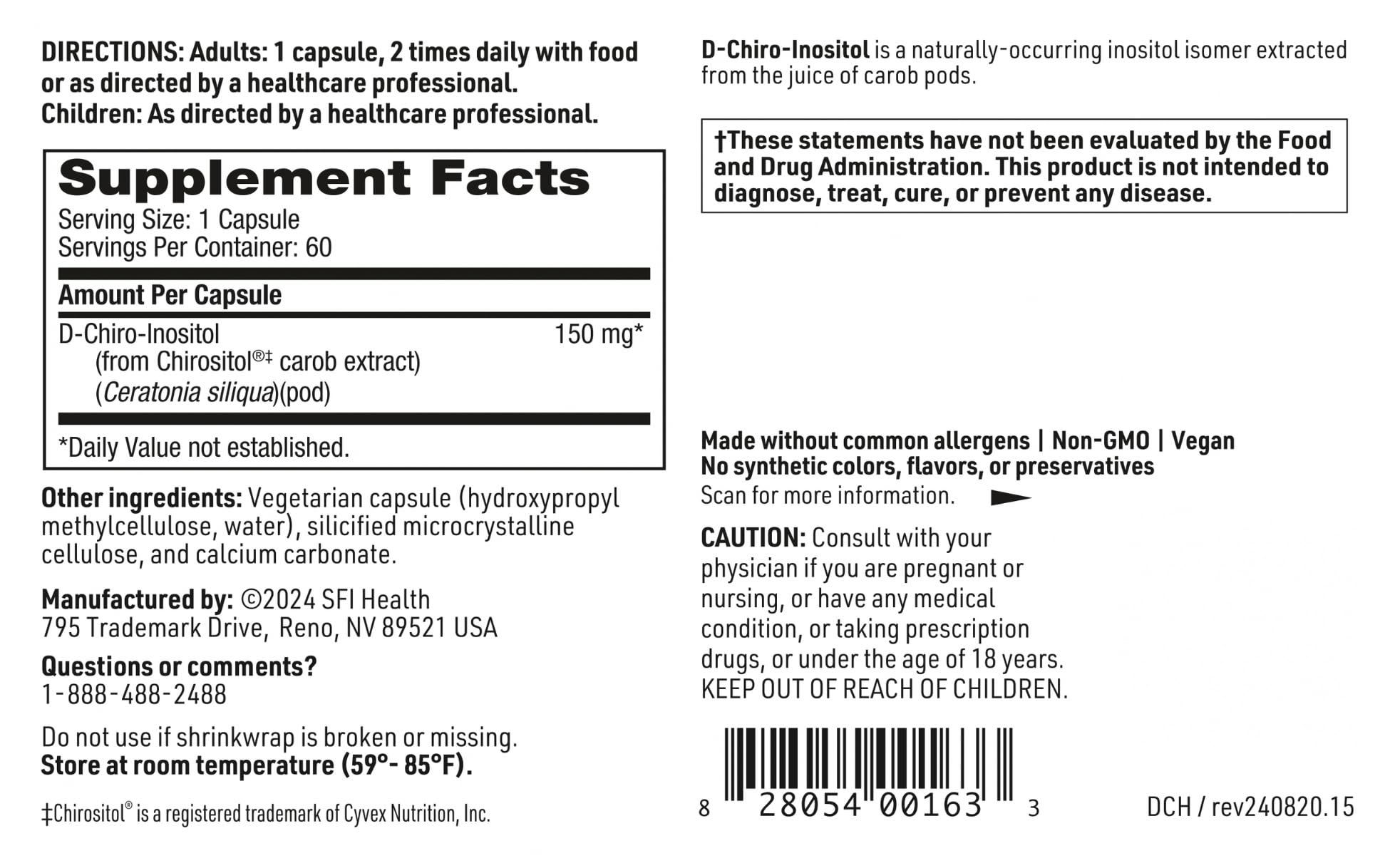 SFI Health Klaire Labs D-Chiro-Inositol, sin colorantes artificiales