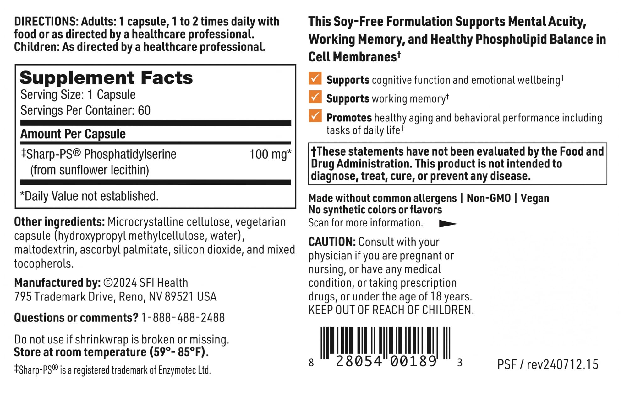 Producto sin soja Klaire Labs Fosfatidilserina SF, opción para dietas.
