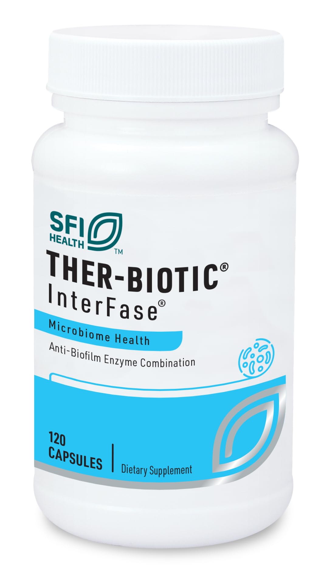 SFI Health Klaire Labs InterFase, botella de cápsulas, soporte digestivo diario.