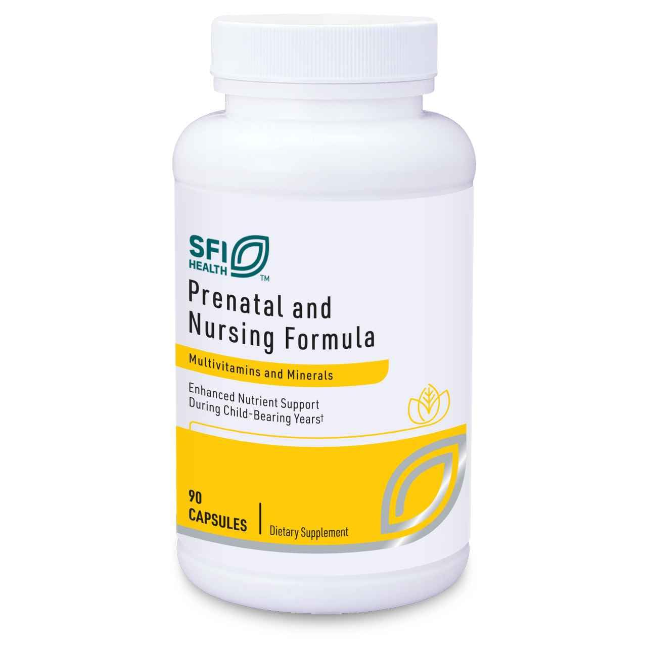 Frente de la caja de SFI Health Klaire Labs Prenatal para apoyo durante el ciclo materno.