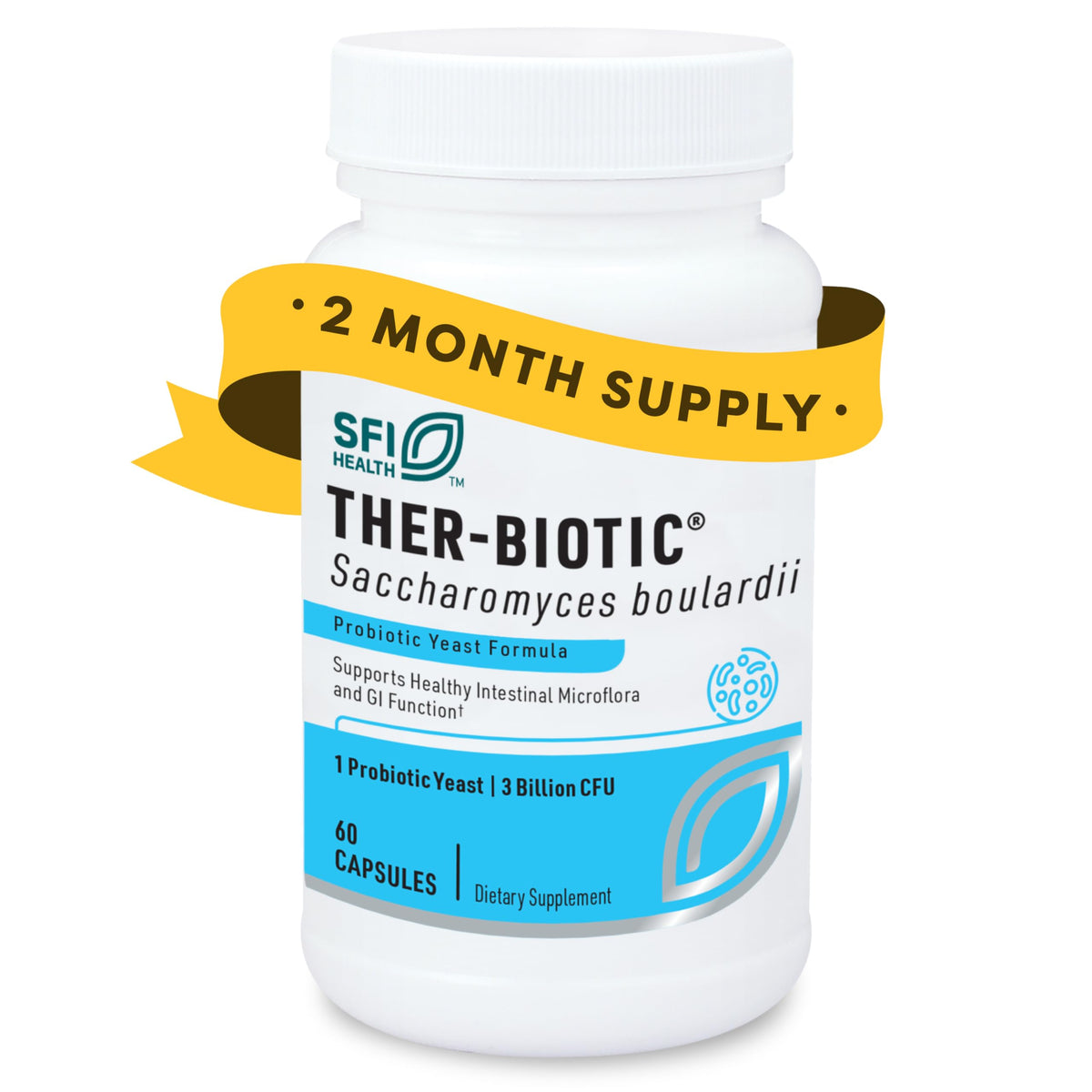 SFI Health Klaire Labs Saccharomyces Boulardii: bote de 60 cápsulas para salud digestiva diaria.