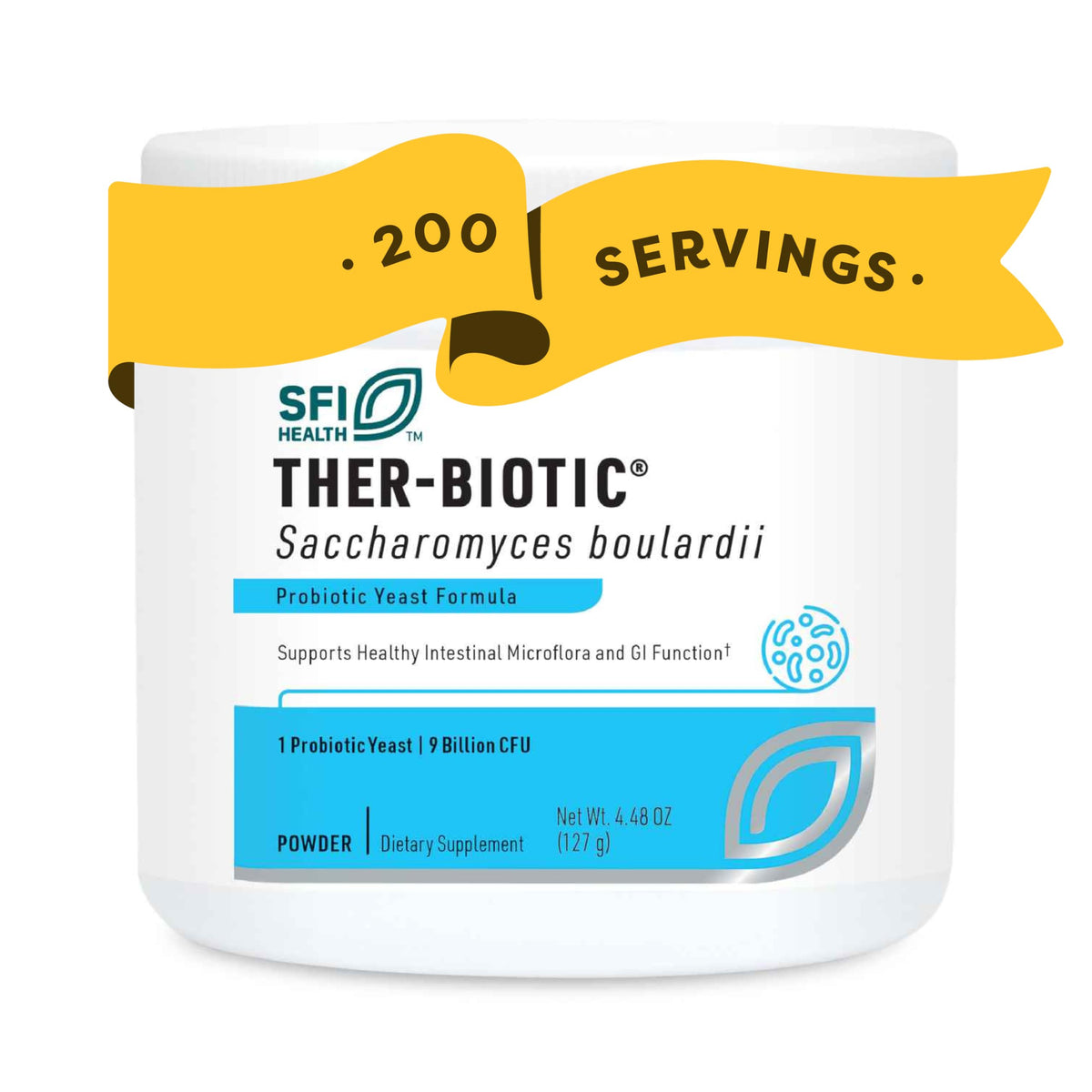 SFI Health Pure Saccharomyces boulardii con dosificador doble para medidas precisas.