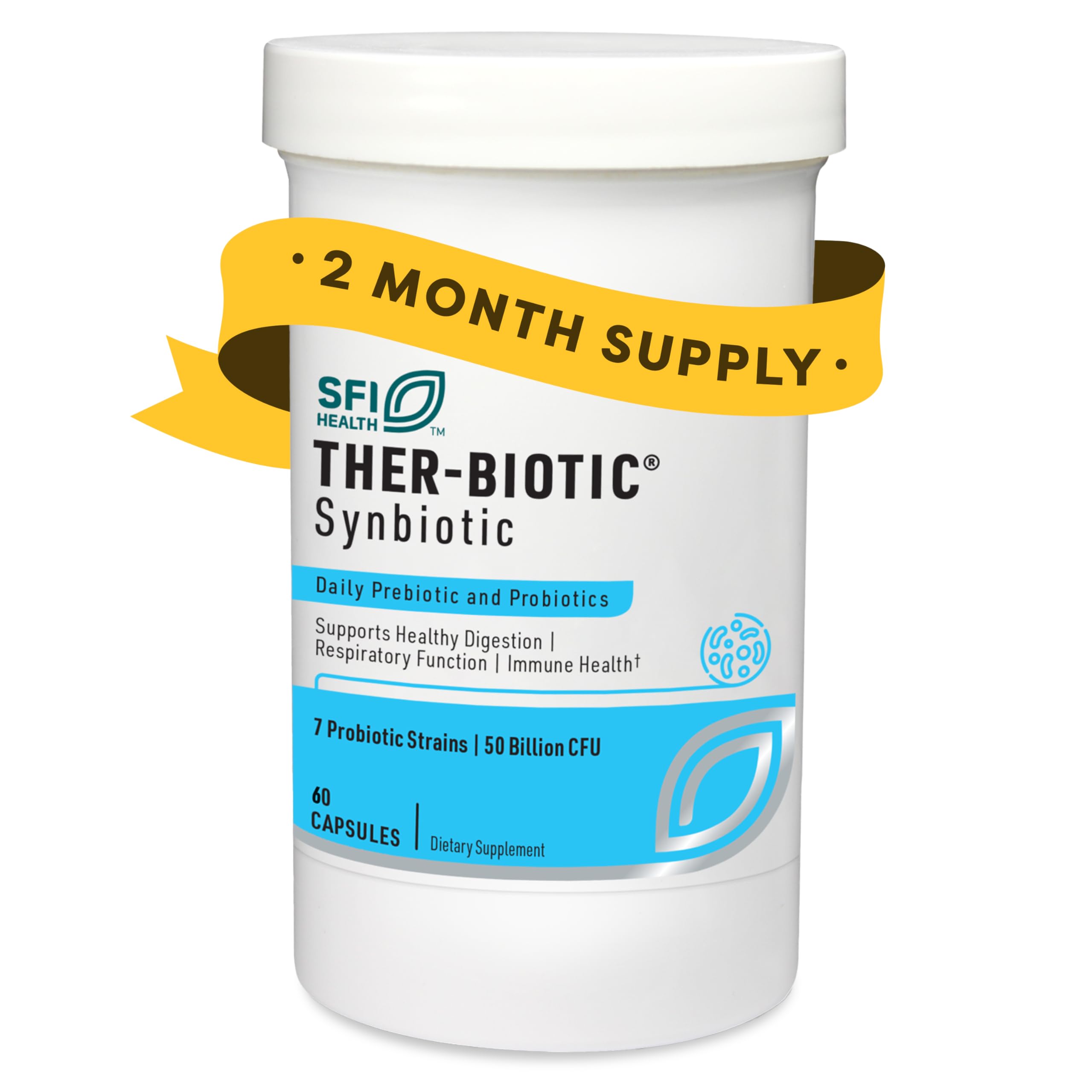 SFI Health Ther-Biotic Sinbiotico, bote frontal, para apoyar la salud digestiva diaria.