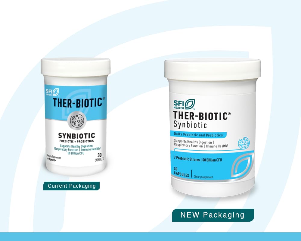 SFI Health Ther-Biotic Sinbiotico, cápsulas en primer plano, dosis diaria para uso consistente.