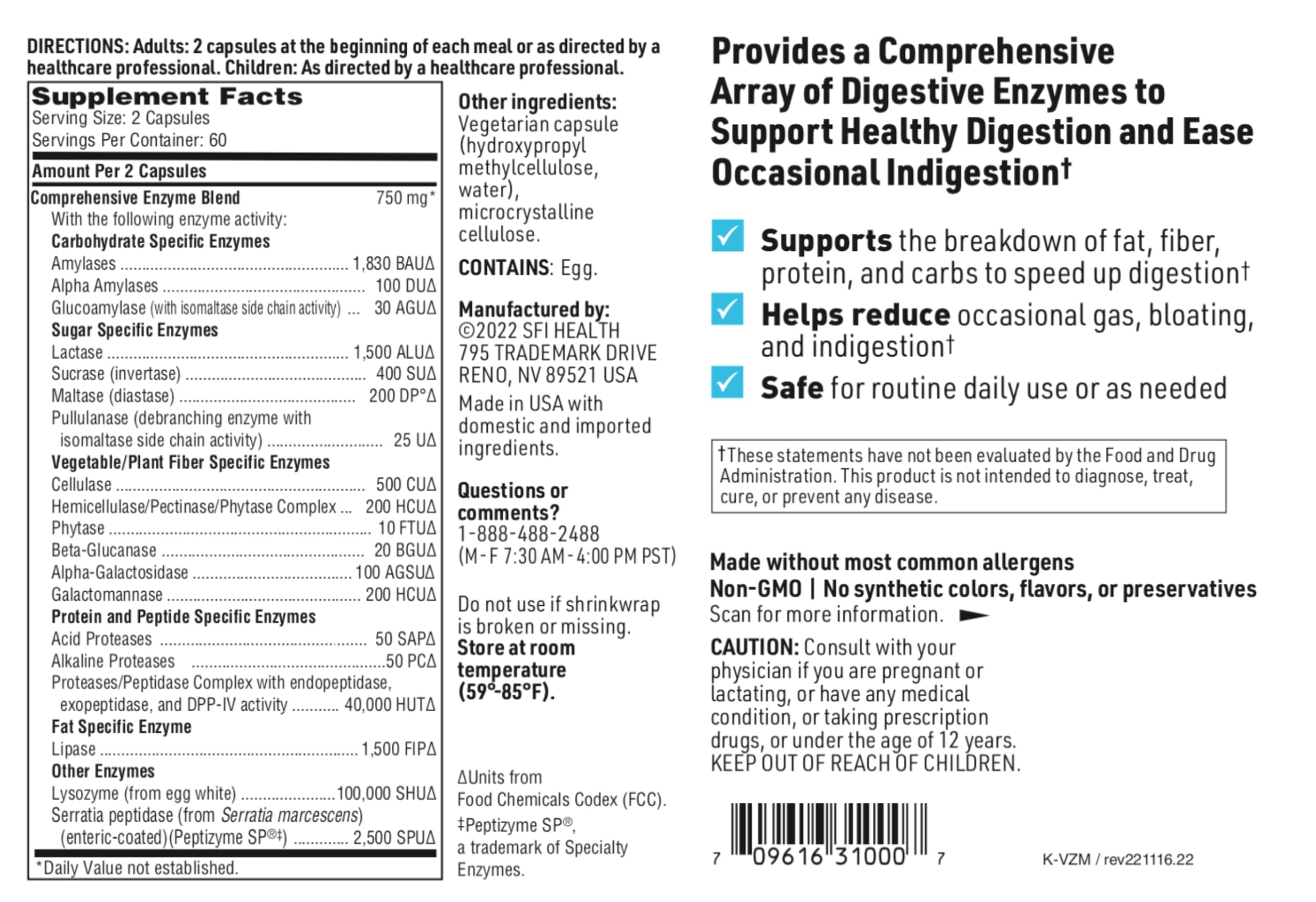 SFI Health Vital-Zymes Complete: enzimas vegetales y microbianas para descomponer diferentes nutrientes.