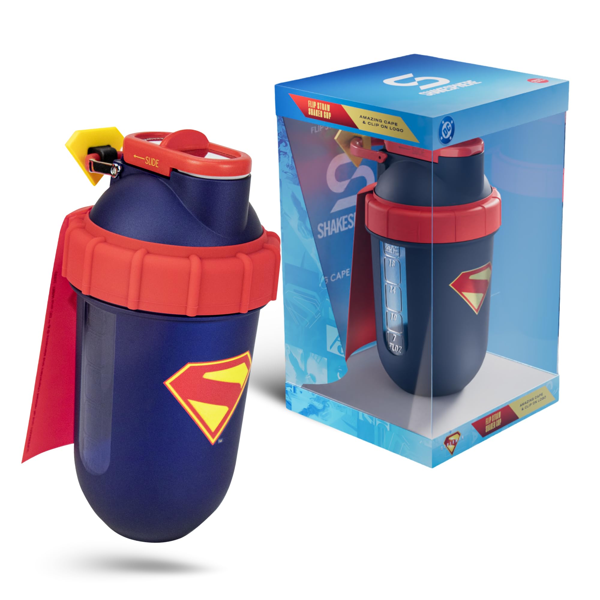 SHAKESPHERE botella proteina Superman 450ml con diseño icónico para entrenamientos.