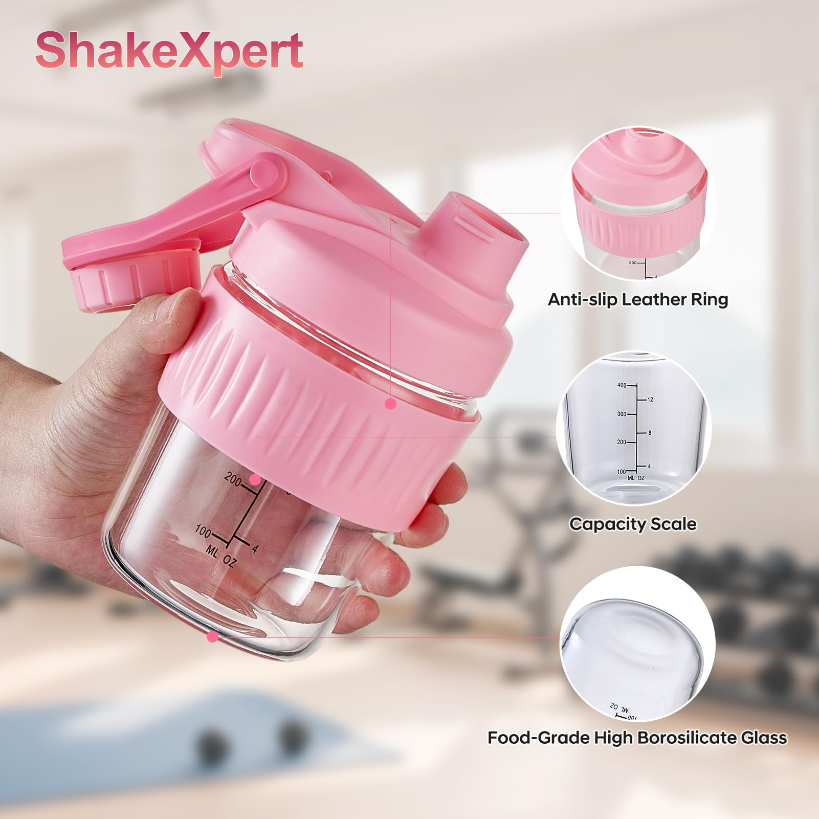 ShakeXpert botella de vidrio ergonómica con mango para transporte cómodo.