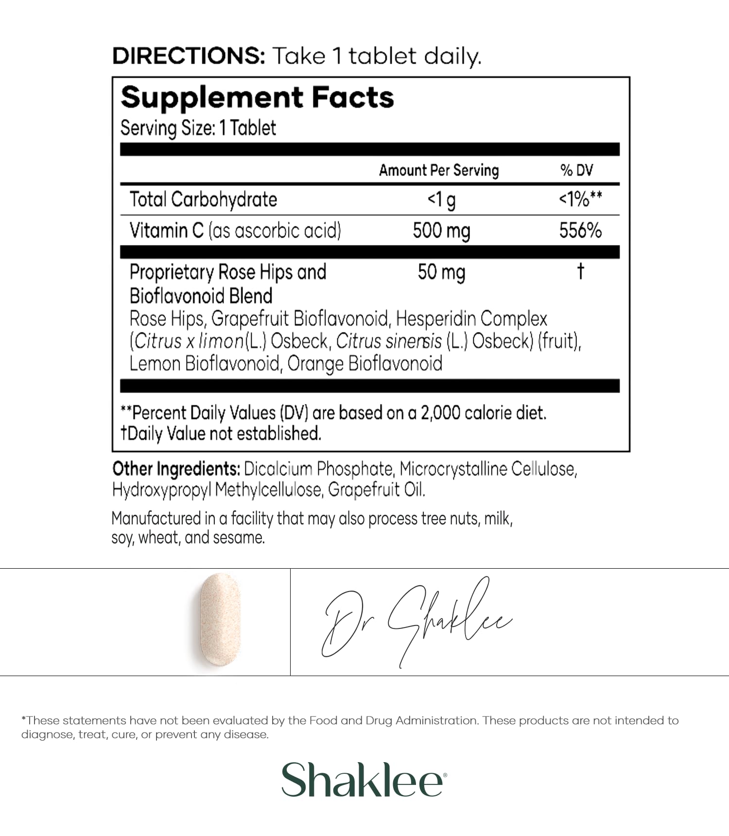 Etiqueta de Shaklee Vita-C 500, información clara y atractiva para usuarios.