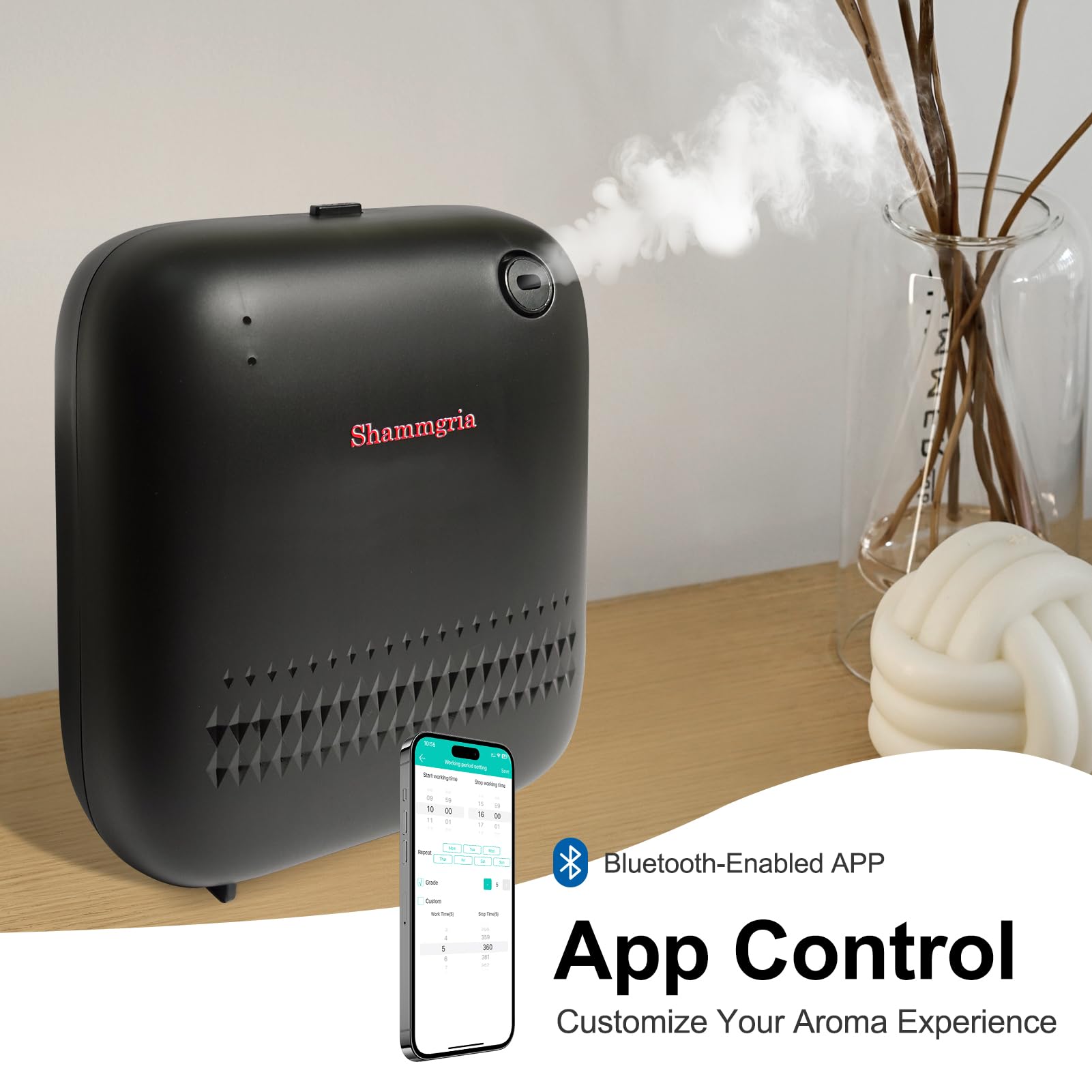 Shammgria difusor con control por aplicación móvil para programar fragancias