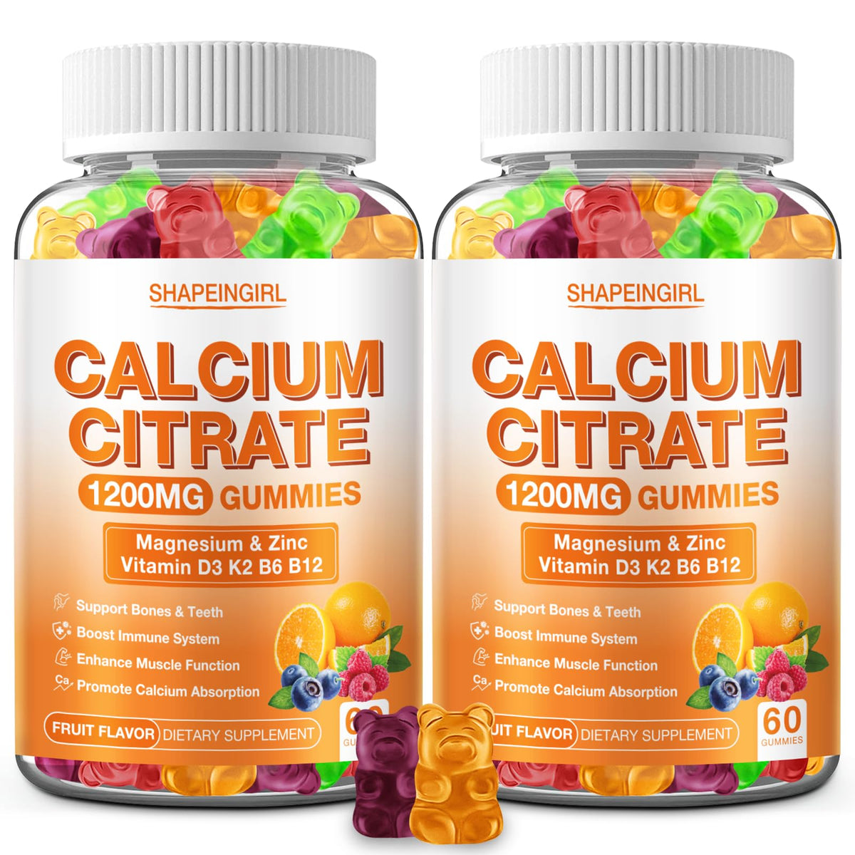 SHAPEINGIRL calcio citrato 1200mg en bote de gominolas para huesos fuertes