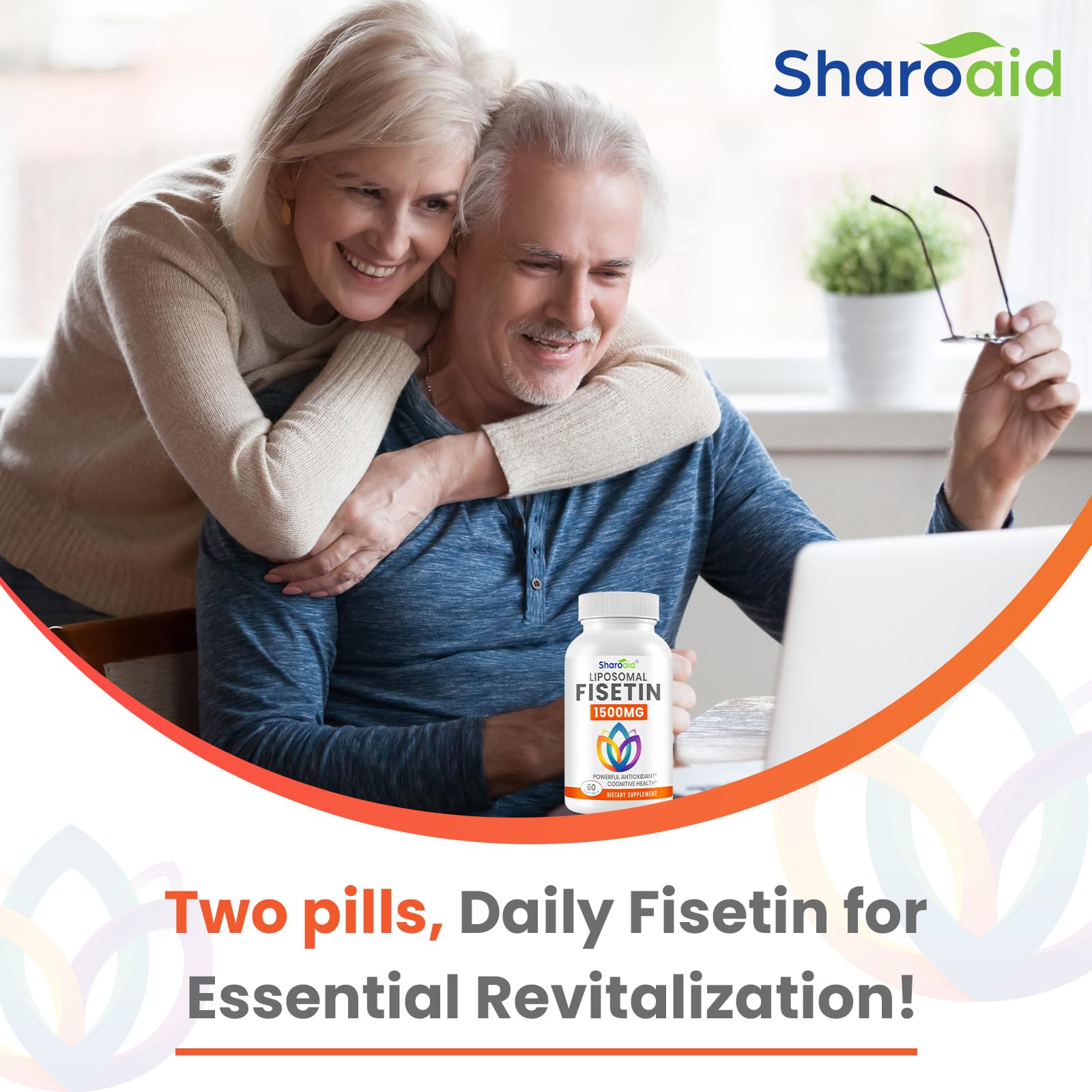 Sharoaid Fisetina liposomal, envase de dos botellas, plan de apoyo a la longevidad.