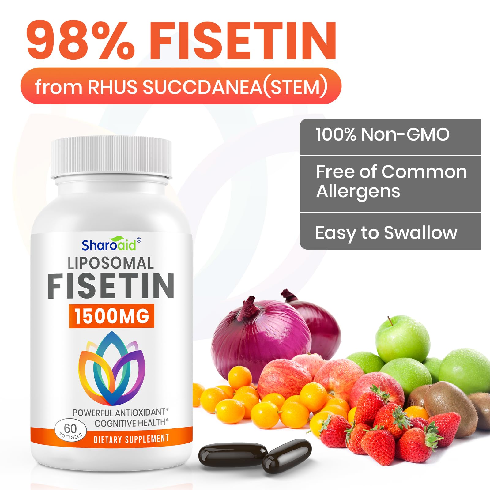 Sharoaid Fisetina liposomal, cápsulas suaves, ingesta cómoda.