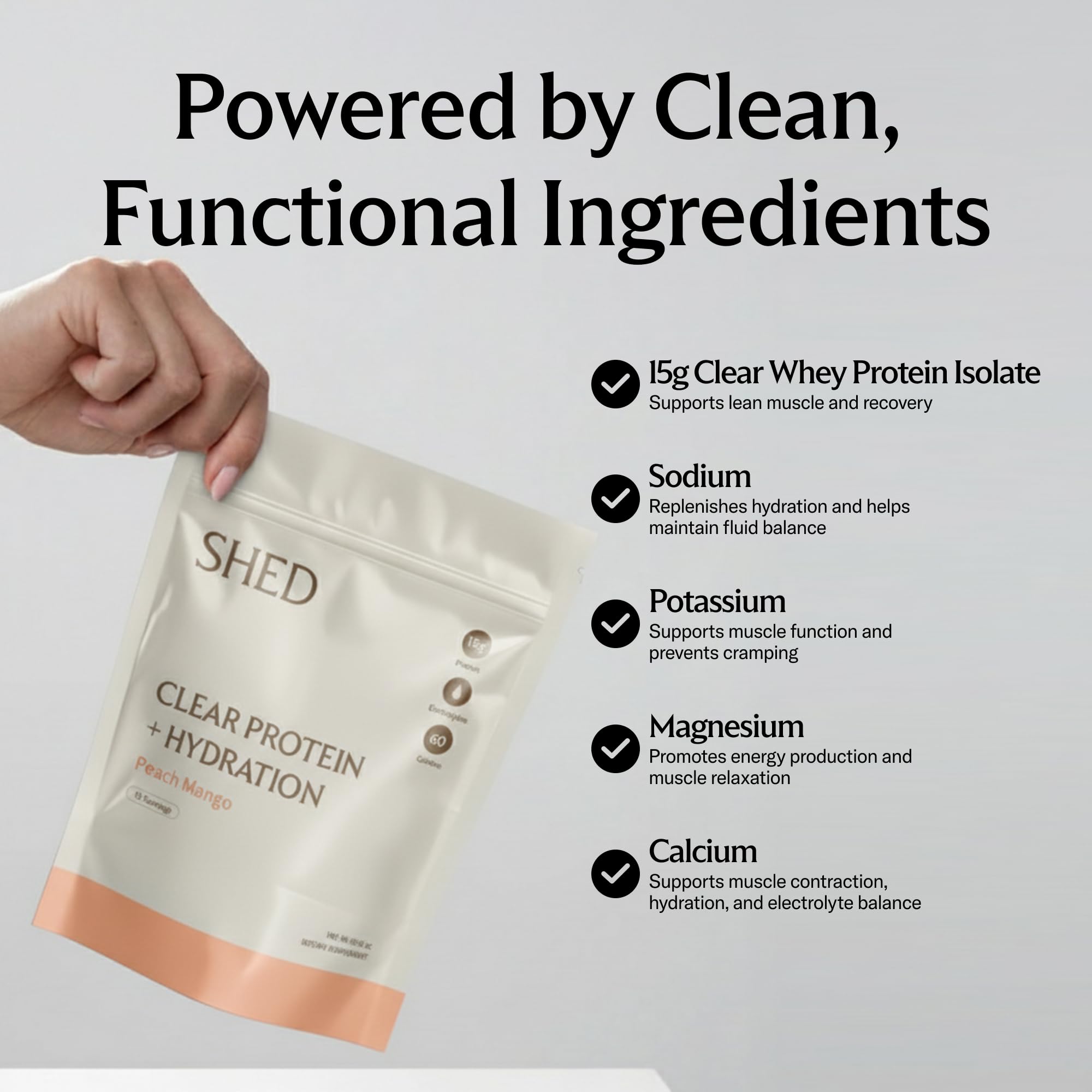 Bebida hidratante clara Shed Clear Protein para entrenamientos y días activos.