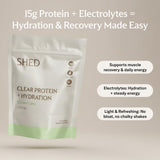Shed Nutrition Clear Protein vaso mezcla, hidratación ligera y proteína para cada sesión