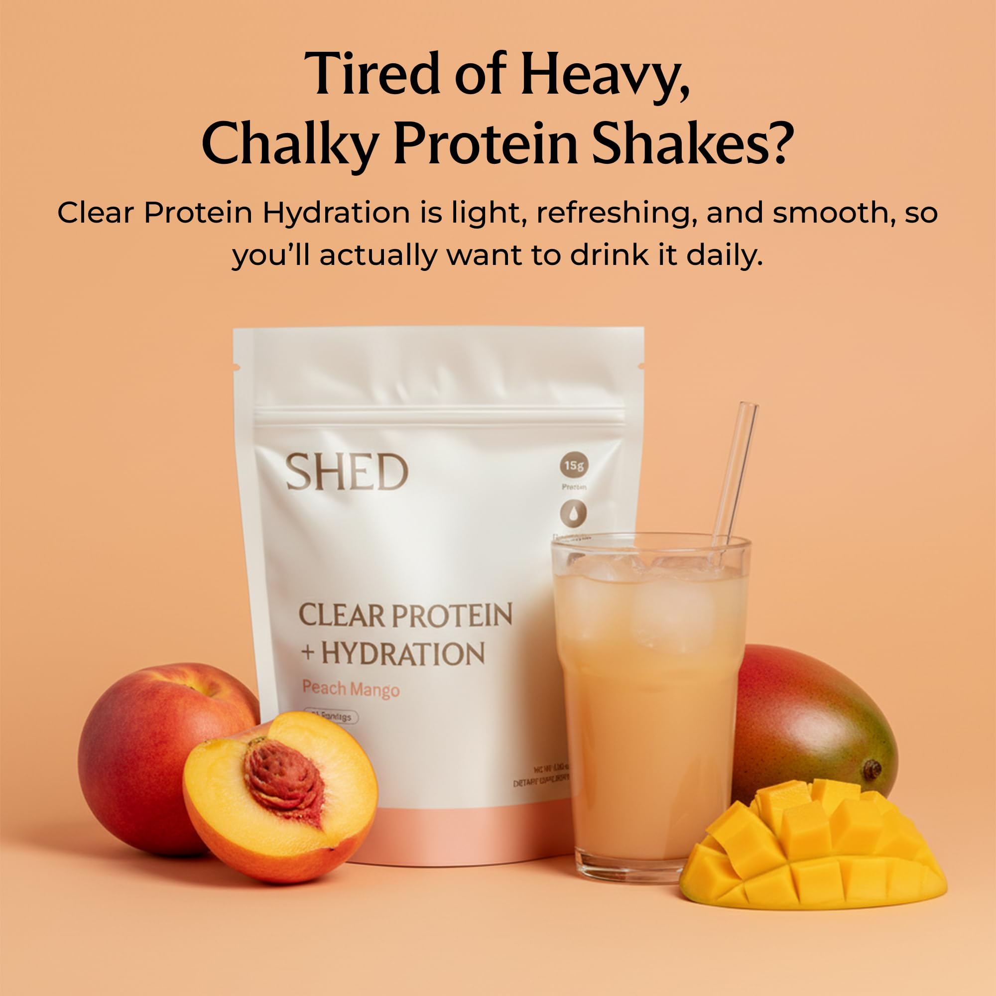 Lata Shed Clear Protein durazno-mango, sabor agradable y cero azúcar.