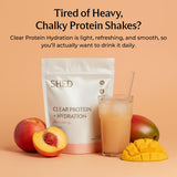 Lata Shed Clear Protein durazno-mango, sabor agradable y cero azúcar.